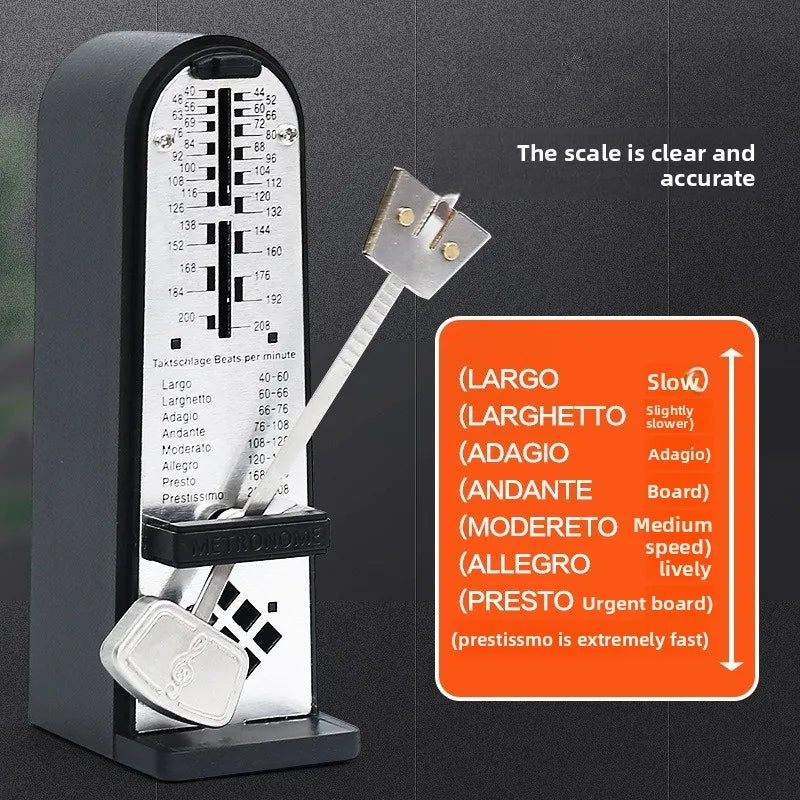 Black and silver mechanical metronome piano with clear bpm scale and mini beater guitar guzheng rhythm device features