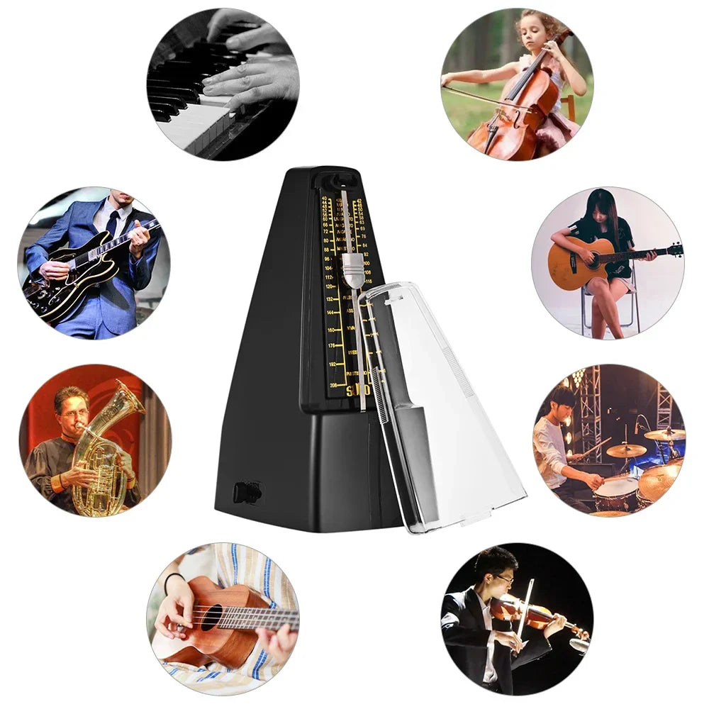 Black mechanical metronome with clear plastic cover and gold markings for piano guitar violin bass drum use