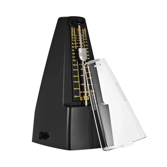 Black mechanical metronome with transparent cover and gold markings for piano guitar violin bass drum use