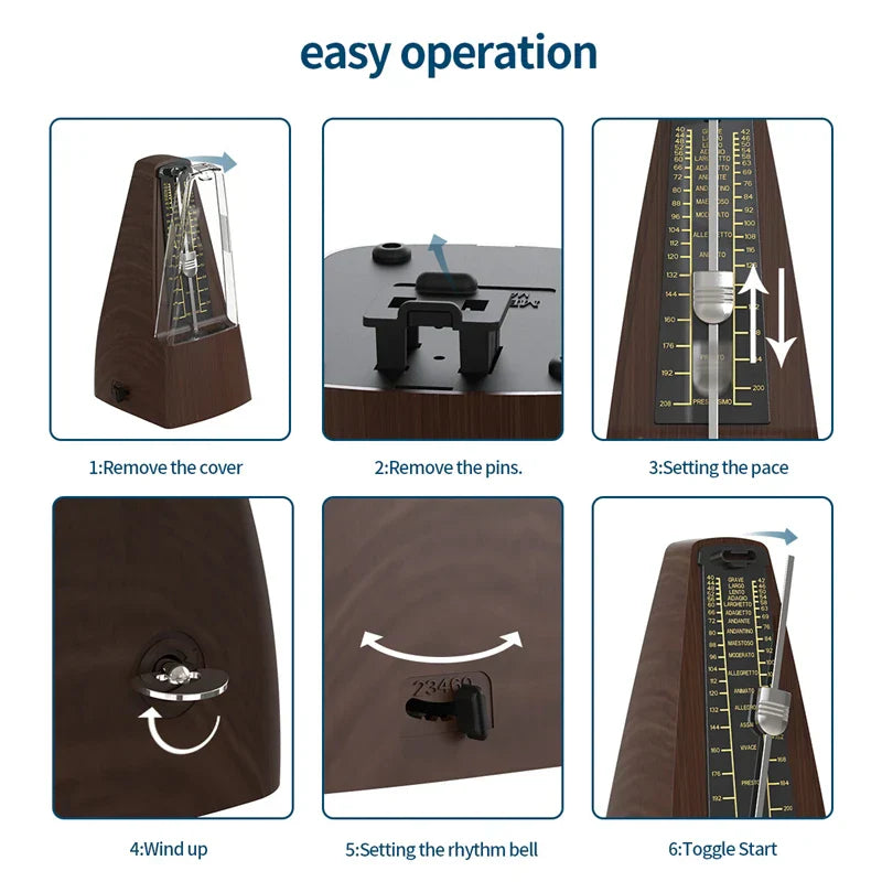Brown wooden mechanical metronome with glass chamber and engraved tempo markings for piano guitar violin bass drum