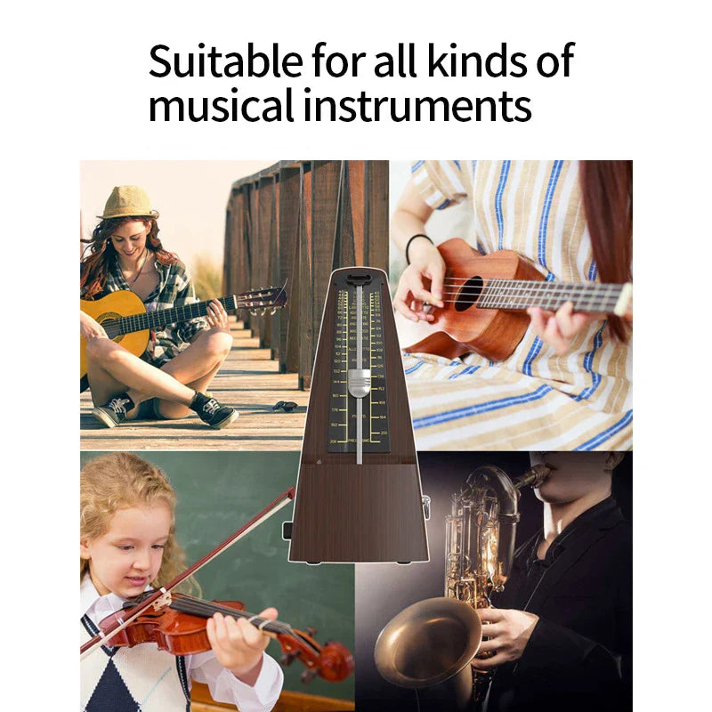 A sleek dark brown wooden mechanical metronome with silver pendulum and tempo markings for piano guitar violin use