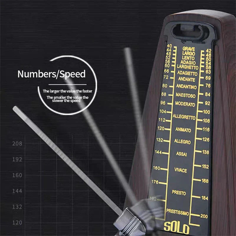 Wooden-bodied mechanical metronome with metallic pendulum and yellow tempo markings for piano guitar violin use