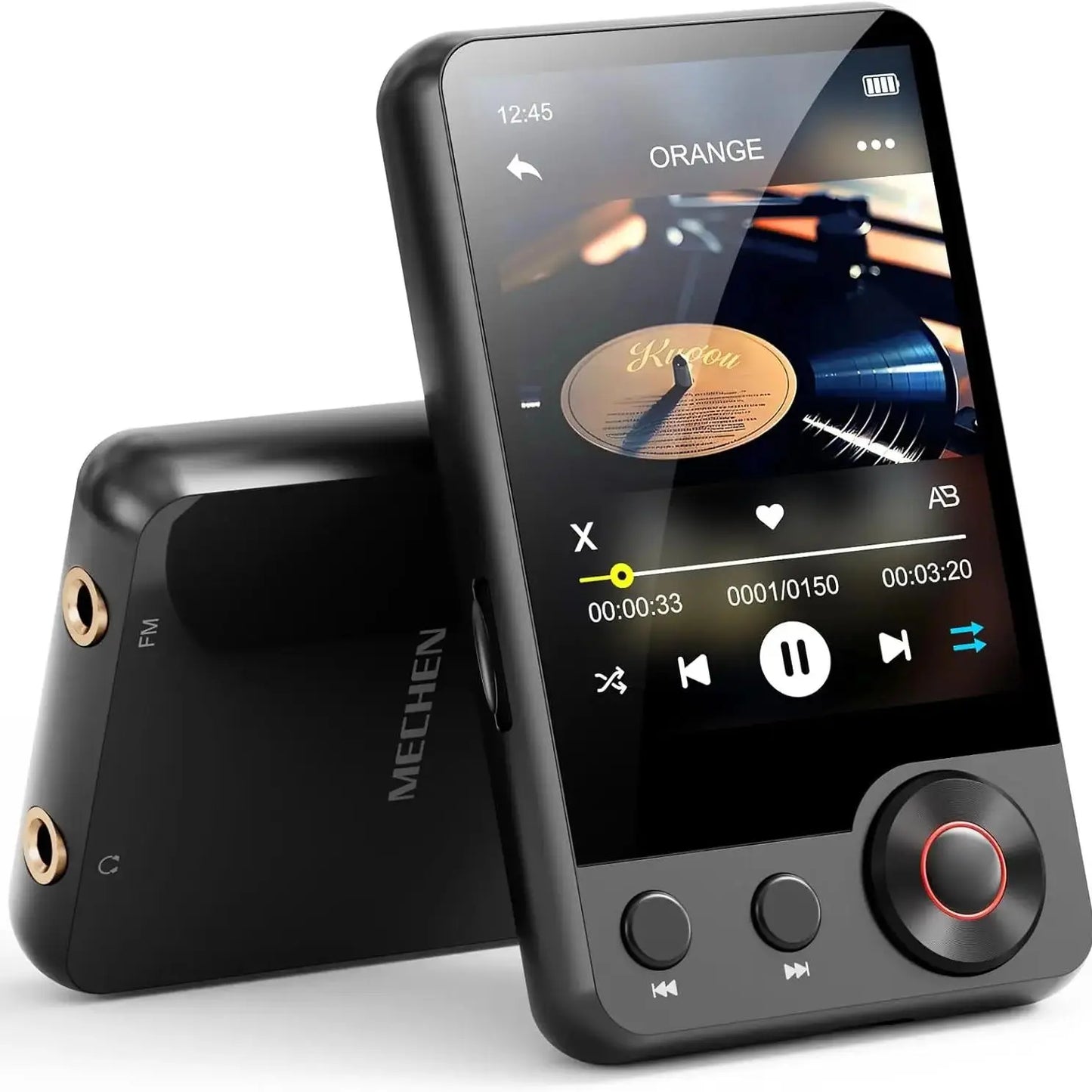 Black meichen 128gb mp3 player with touchscreen music player display and gold audio jacks featuring voice recorder function