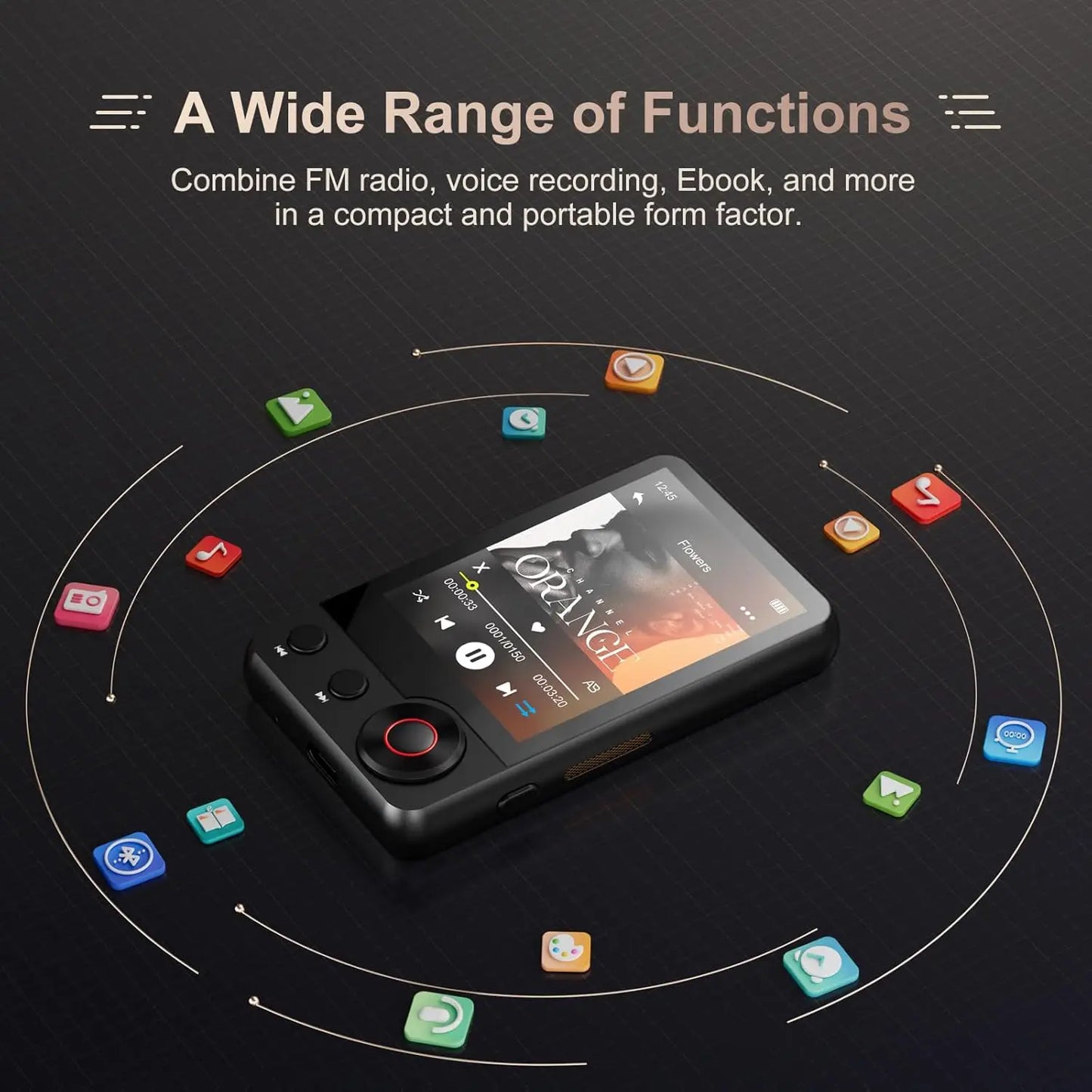 Black rectangular mechen 128gb mp3 player with touchscreen music player display circular navigation button and physical controls