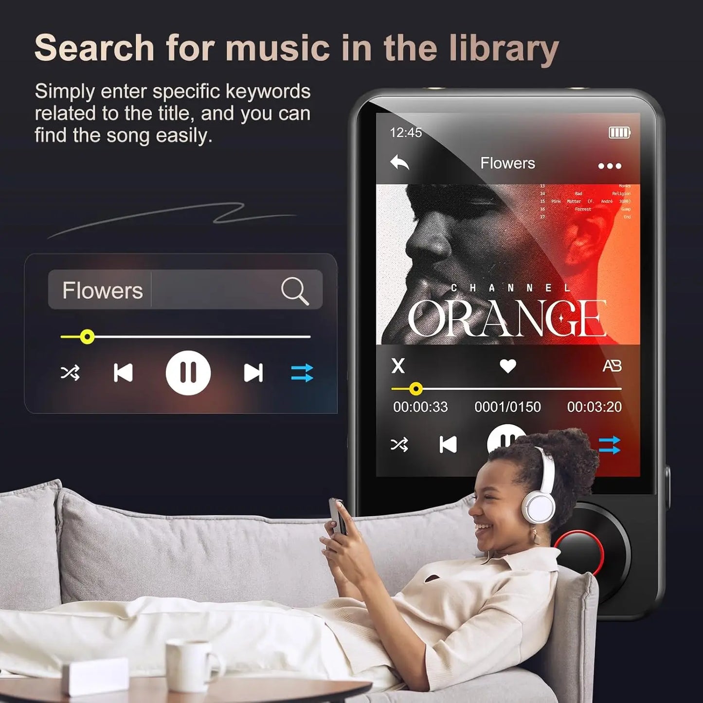 Black and silver mechen 128gb mp3 player with bluetooth 5.3 touchscreen music player showing album art for flowers by channel orange