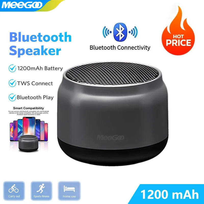 Gray meegooportable wireless bluetooth speaker with black mesh grille and base for multimedia 3d surround laptop mobile gaming