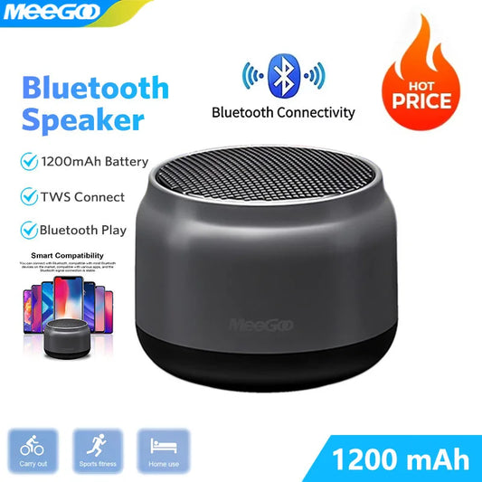 Gray meegooportable wireless bluetooth speaker with black mesh grille and base for multimedia 3d surround laptop mobile gaming