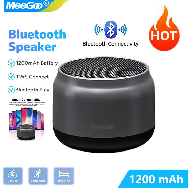 Gray meegooportable wireless bluetooth speaker with black mesh grille and base for multimedia 3d surround laptop mobile gaming
