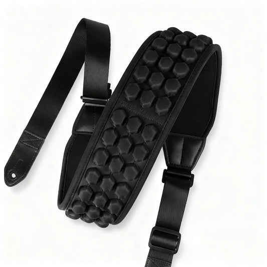 Black leather adjustable aircell leather guitar strap with textured honeycomb wide pad durable for strap bass electric