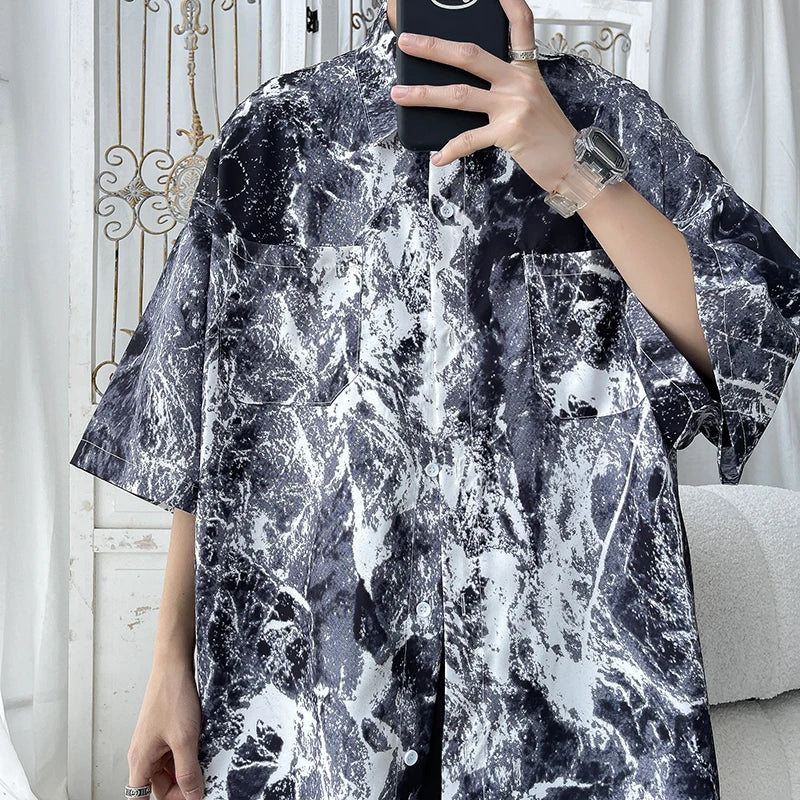 Black and white marble-patterned short-sleeve button-up shirt for men hip hop harajuku streetwear casual wear