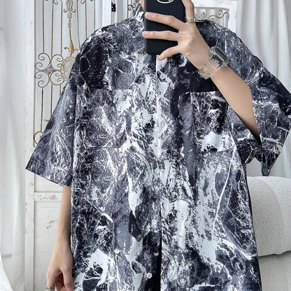Black and white marble-patterned short-sleeve button-up shirt for men hip hop harajuku streetwear casual wear