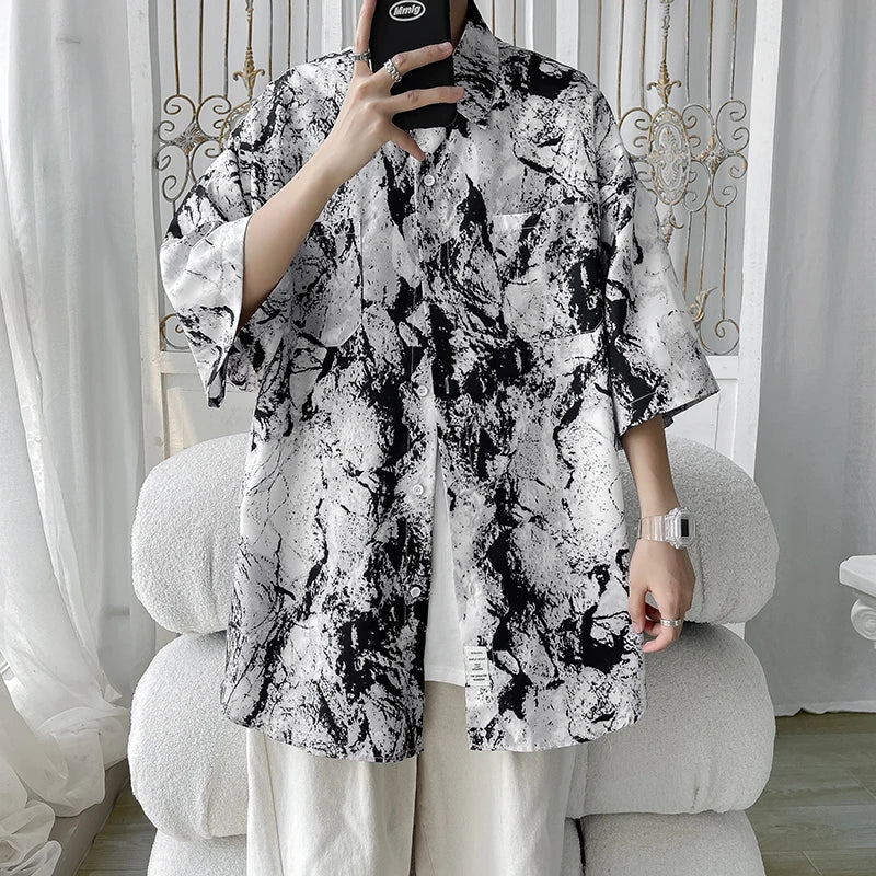 Men hip hop harajuku black and white marble-patterned short-sleeved button-up streetwear shirt
