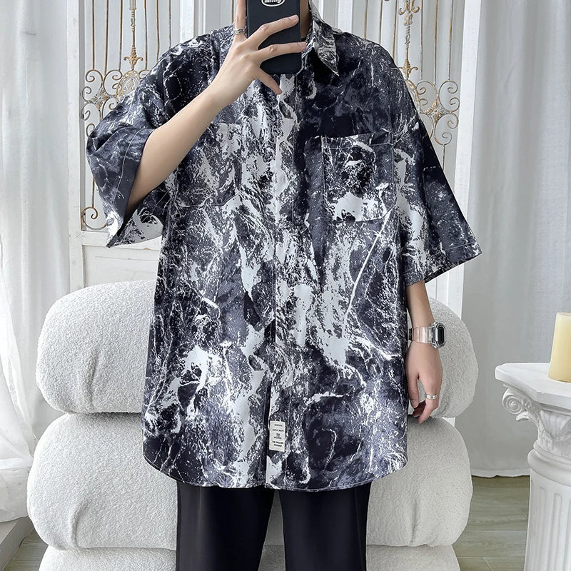 Black and white marble patterned short-sleeved button-up shirt with relaxed fit for men hip hop streetwear fashion