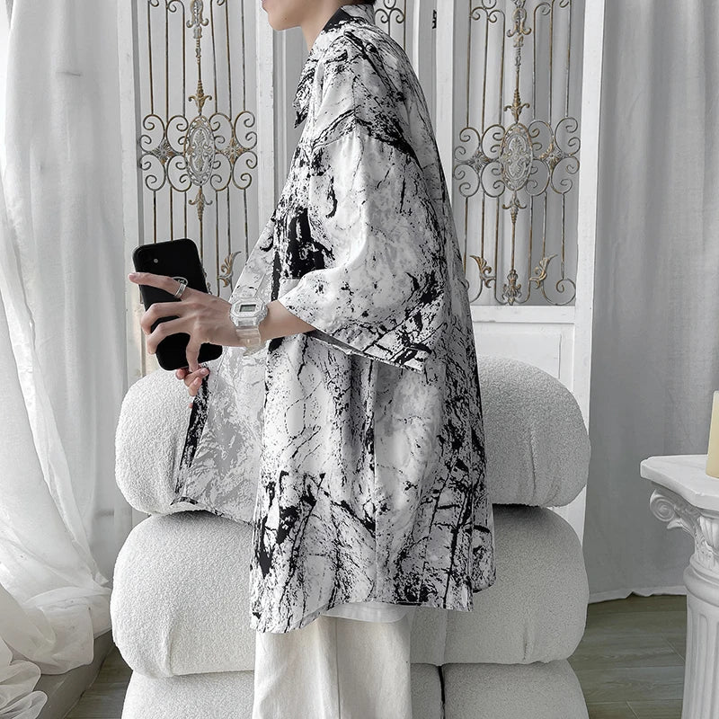 Men hip hop harajuku black and white marble-patterned loose-fitting long-sleeved casual streetwear shirt