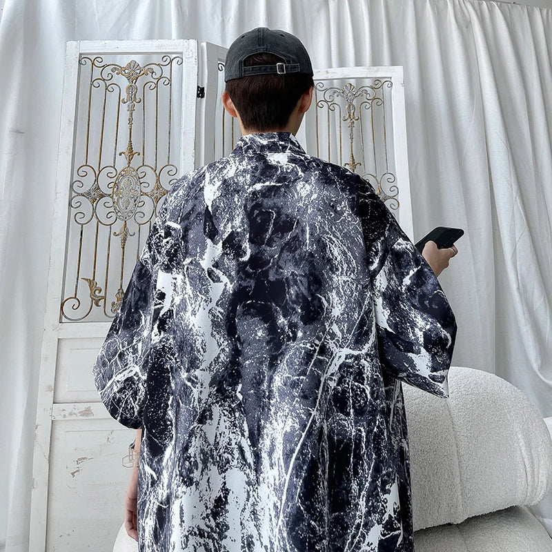 Black and white marble-patterned oversized shirt with loose fit for men hip hop streetwear casual beachwear