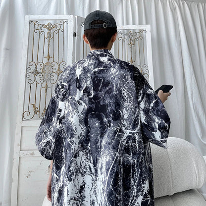 Black and white marble-patterned oversized shirt with loose fit for men hip hop streetwear casual beachwear