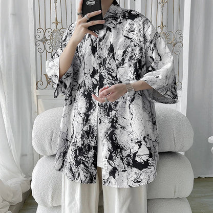 Men hip hop harajuku loose short sleeve button-up shirt with bold black and white abstract marble print for casual wear
