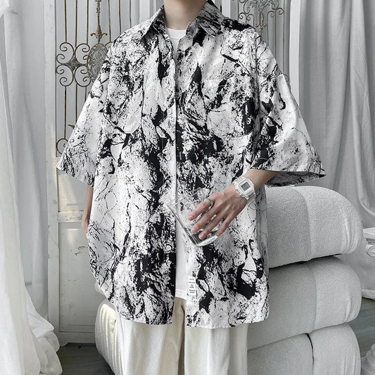 Black and white marble-patterned short-sleeved button-up shirt for men hip hop streetwear casual beachwear tops
