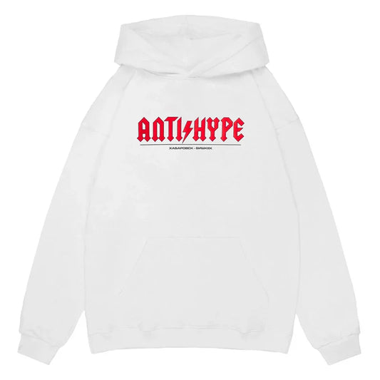 White hooded sweatshirt with bold red anti hype lettering oversized pullover y2k hop korean harajuku vintage style