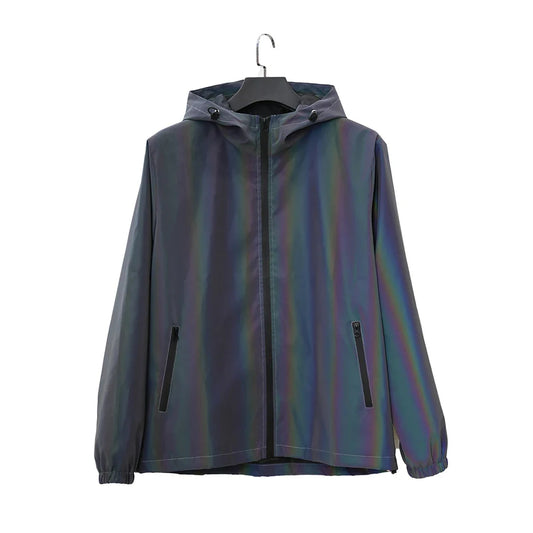 A men reflective jacket with iridescent gray gradient, outdoor hooded windproof design for dance skateboard clothes