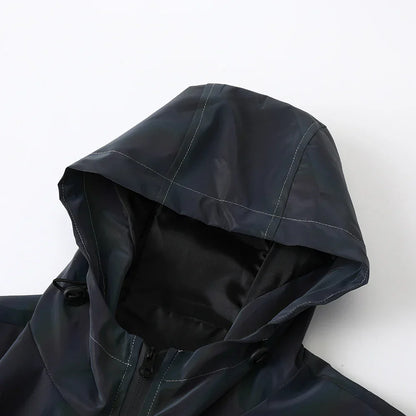 Black men reflective jacket with subtle white stitching shiny water-resistant outdoor hooded windproof coat for skateboard clothes