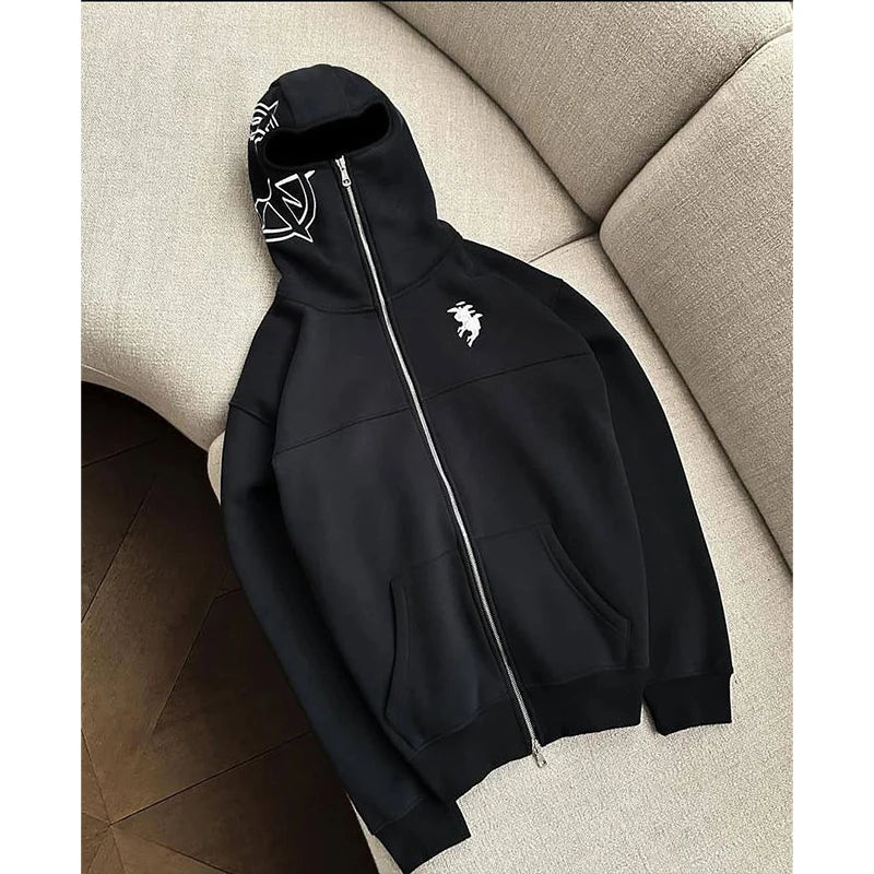 Men rock gothic black zip-up hoodie with white embroidery graphic y2k on hood and chest made of soft fleece material