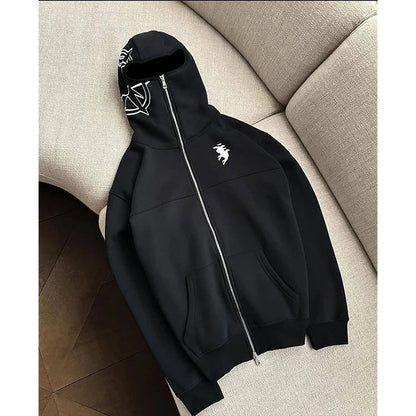 Men rock gothic black zip-up hoodie with white embroidery graphic y2k on hood and chest made of soft fleece material