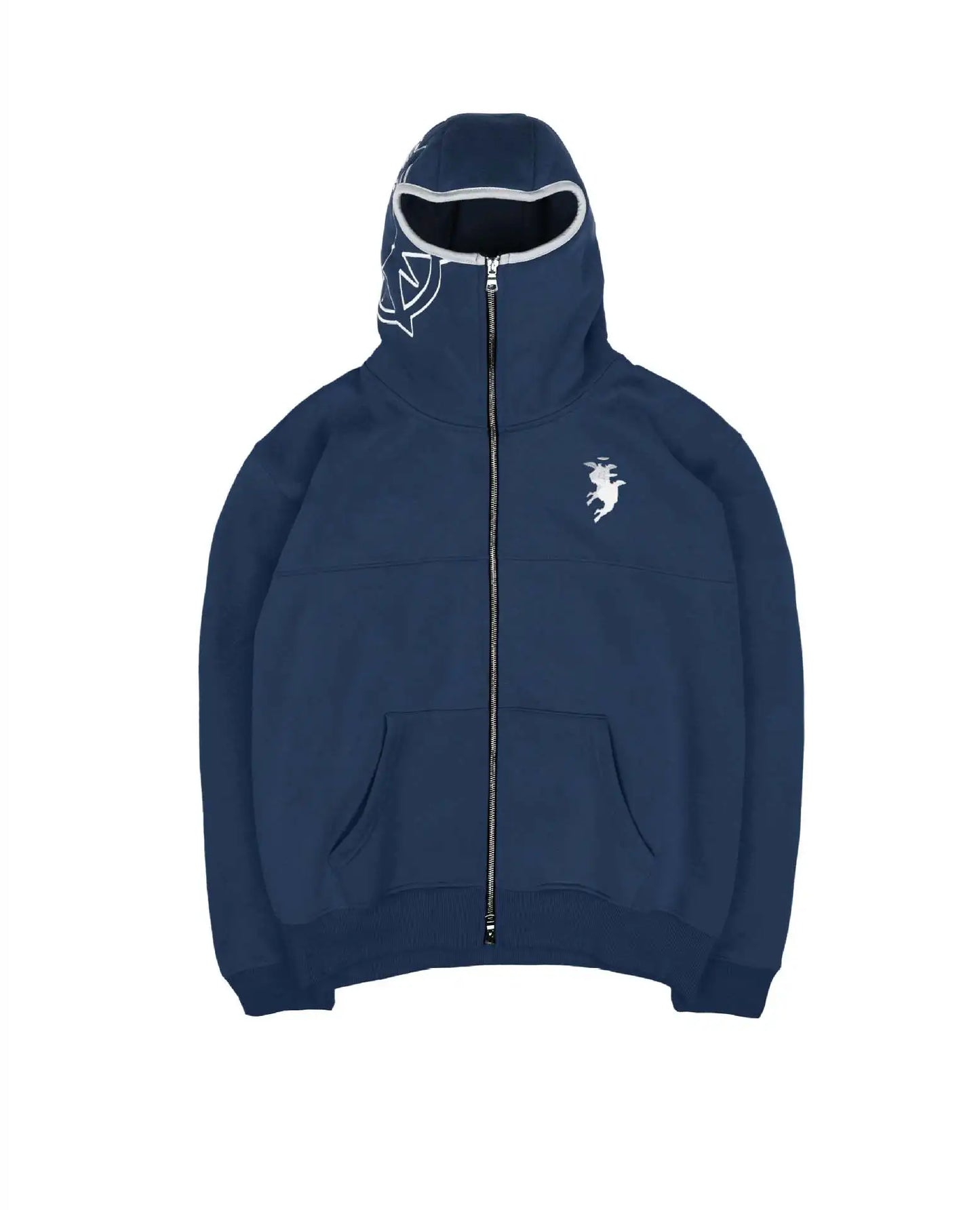 Navy blue men rock gothic zip-up hoodie with white embroidery graphic y2k and stylized hood interior for y2k clothes harajuku style