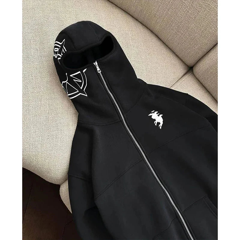 Black men rock gothic zip-up hoodie with balaclava hood and white embroidery graphic y2k clothes harajuku style