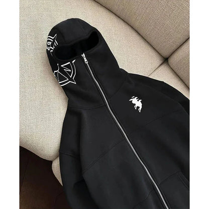 Black men rock gothic zip-up hoodie with balaclava hood and white embroidery graphic y2k clothes harajuku style