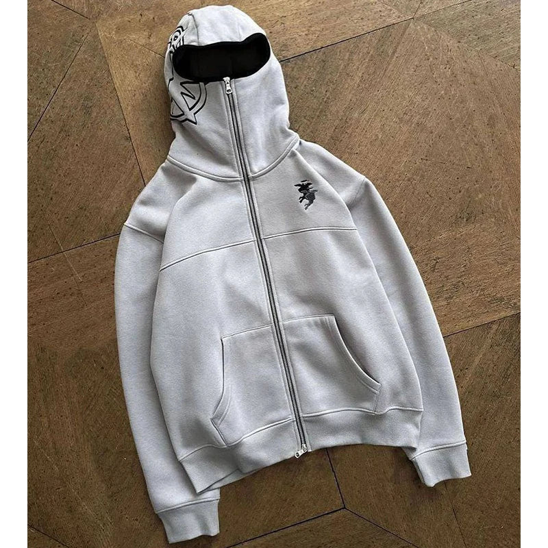 A light gray men rock gothic zip-up hoodie with black embroidery graphic y2k and black-lined hood for y2k clothes harajuku style