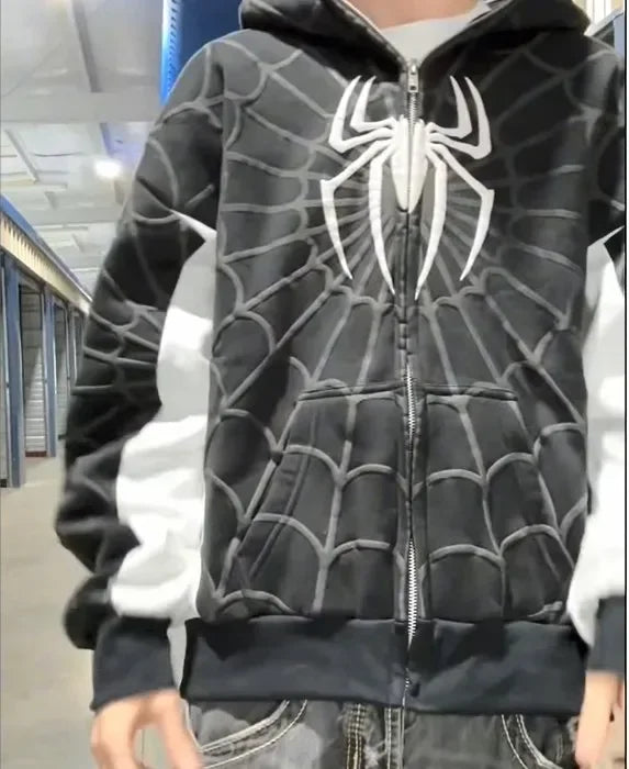 Black and white men spider print hoodie with bold spider emblem jacket coats y2k women hip hop style casual wear