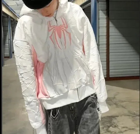 White hoodie with pink spider emblem and textured web pattern front for men spider print women hip hop jacket coats y2k style