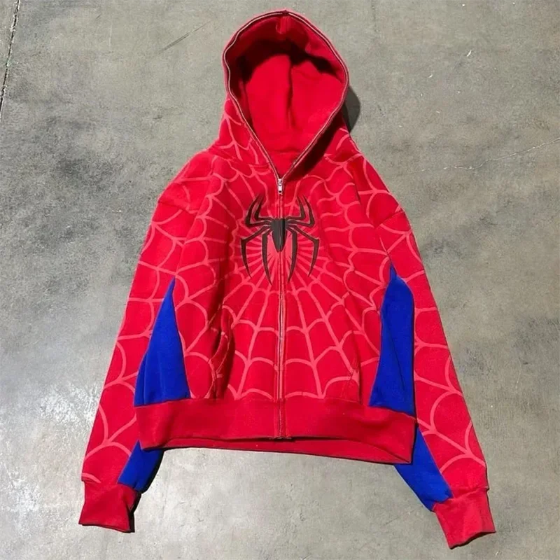 Men spider print red and blue hoodie with black spider emblem jacket coats y2k women hip hop casual sweatshirt