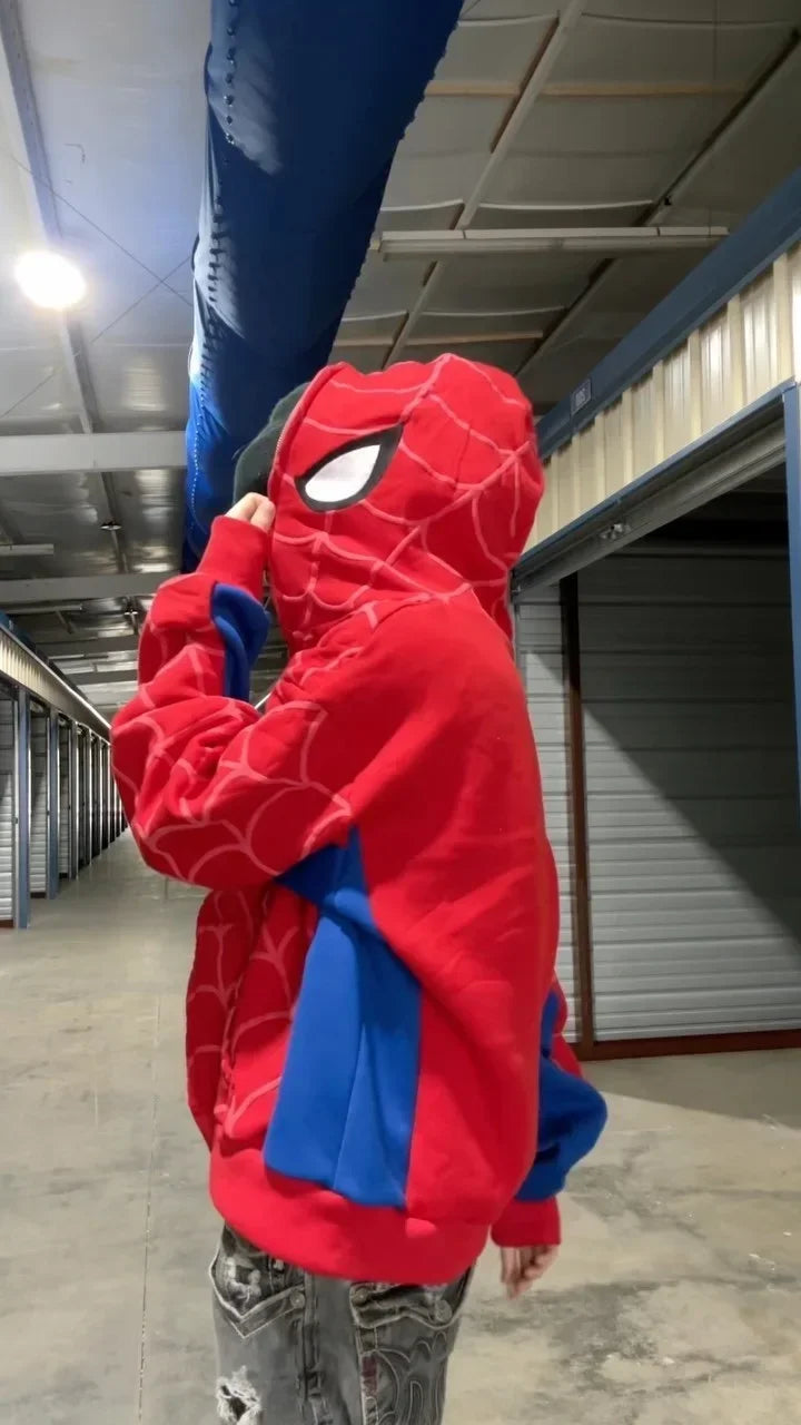 Red and blue men spider print hoodie with textured web pattern casual loose jacket coats y2k for autumn winter wear