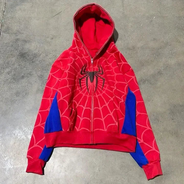 Red and blue men spider print hoodie with black spider emblem casual loose jacket coats y2k style for autumn winter