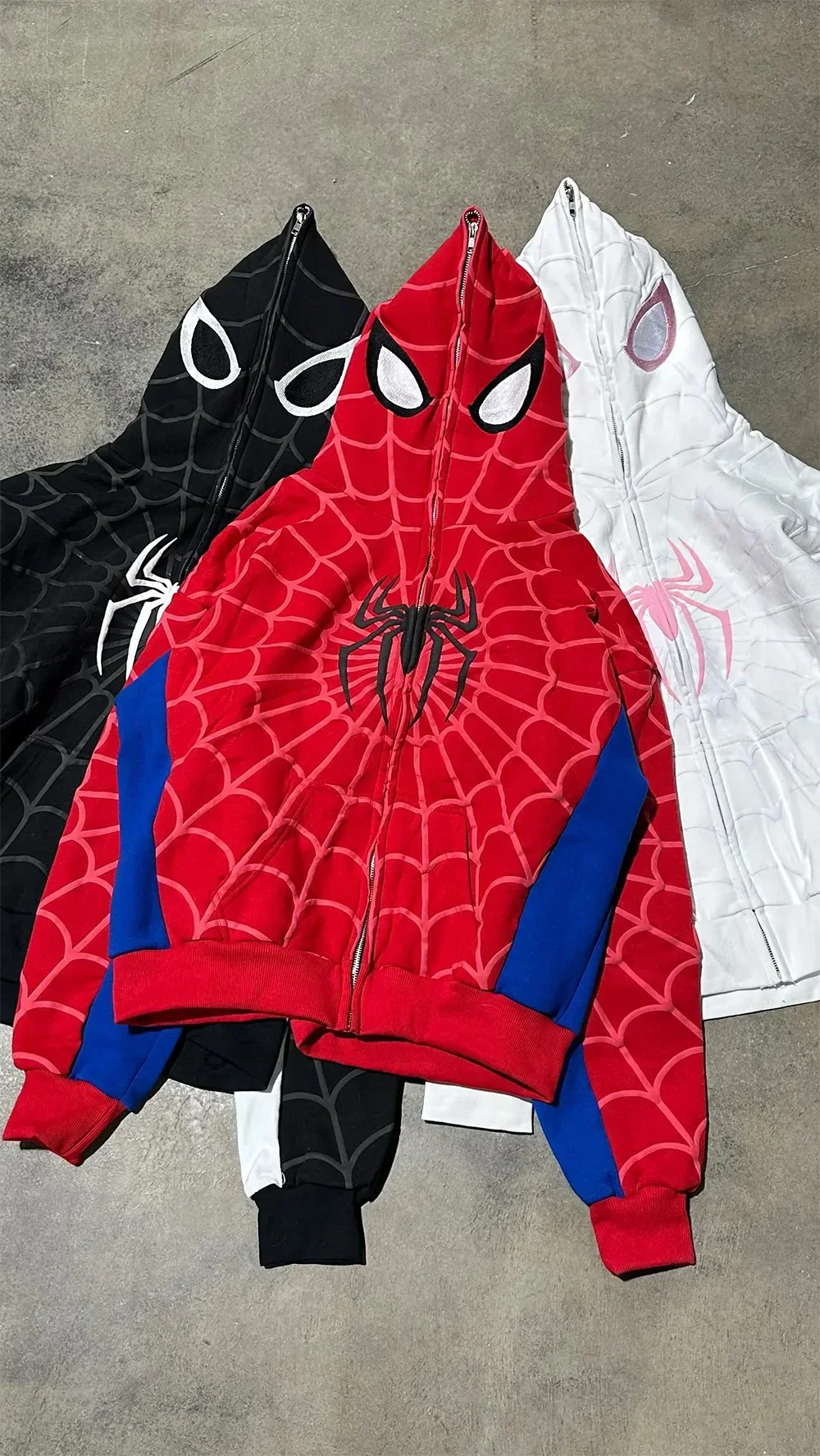 Men spider print red zip-up hoodie with black spider emblem and blue sleeves casual y2k jacket coats for autumn winter