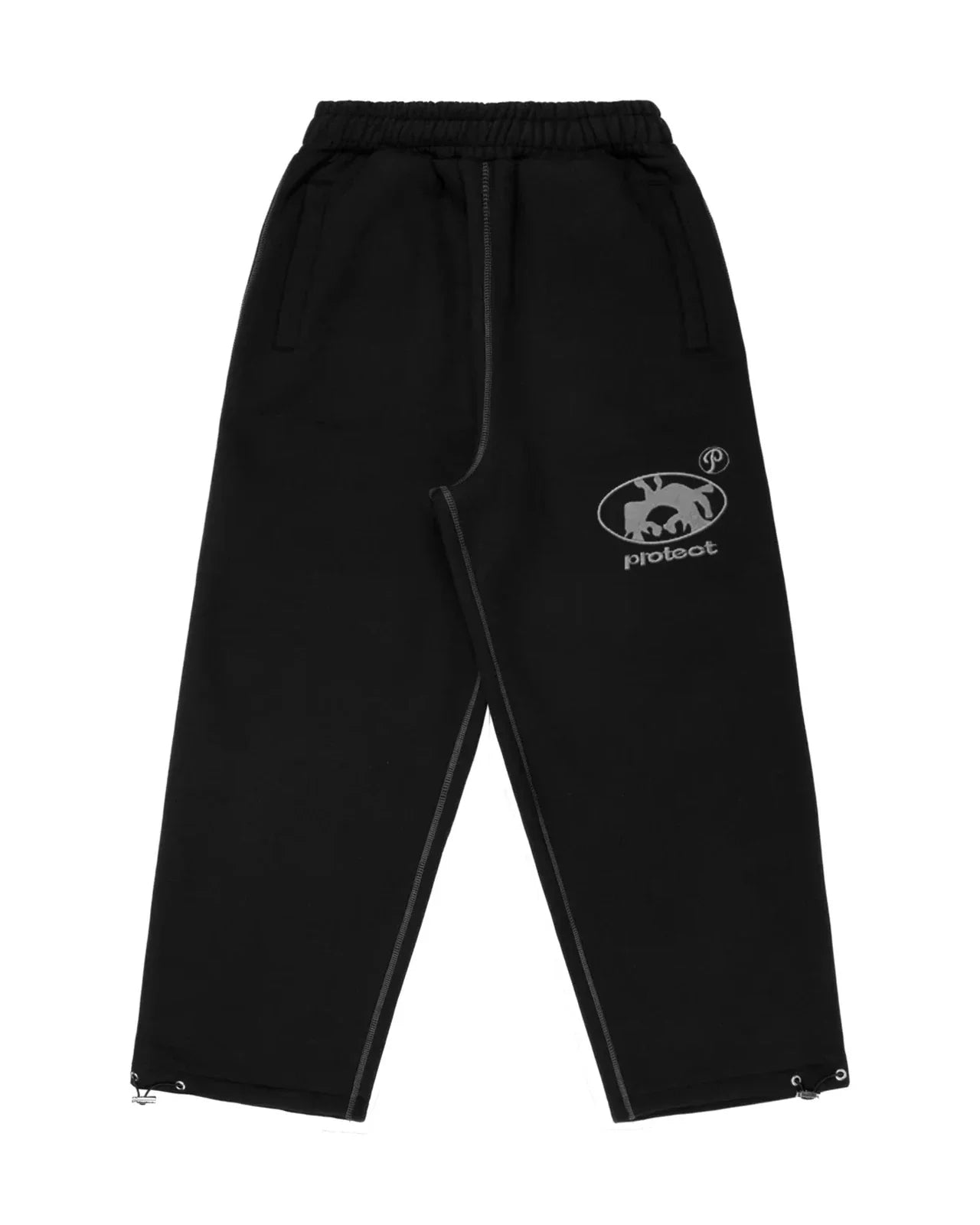 Black cotton joggers with subtle gray embroidered logo on thigh from men tracksuit gray loose fit korean streetwear collection