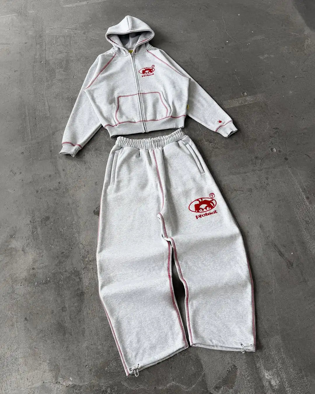 Light gray men tracksuit gray with red stitching loose fit korean style hoodie and joggers american style y2k outfit