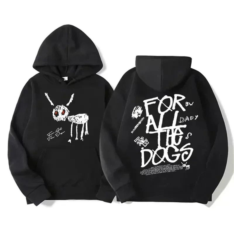 Black hoodie with white skeleton deer graphic on front and for all the dogs text with doodles on back side