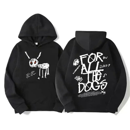 Black hoodie with white skeleton deer graphic on front and for all the dogs text with doodles on back side