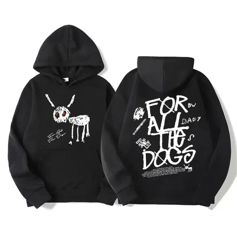 Black hoodie with white skeletal creature graphic and red eyes on front and for all the dogs text on back for men women
