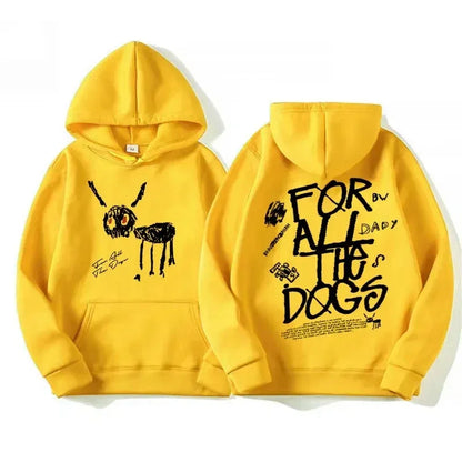 Bright yellow hip hop pullover hoodie with black insect graphic and bold lettering for men and women streetwear