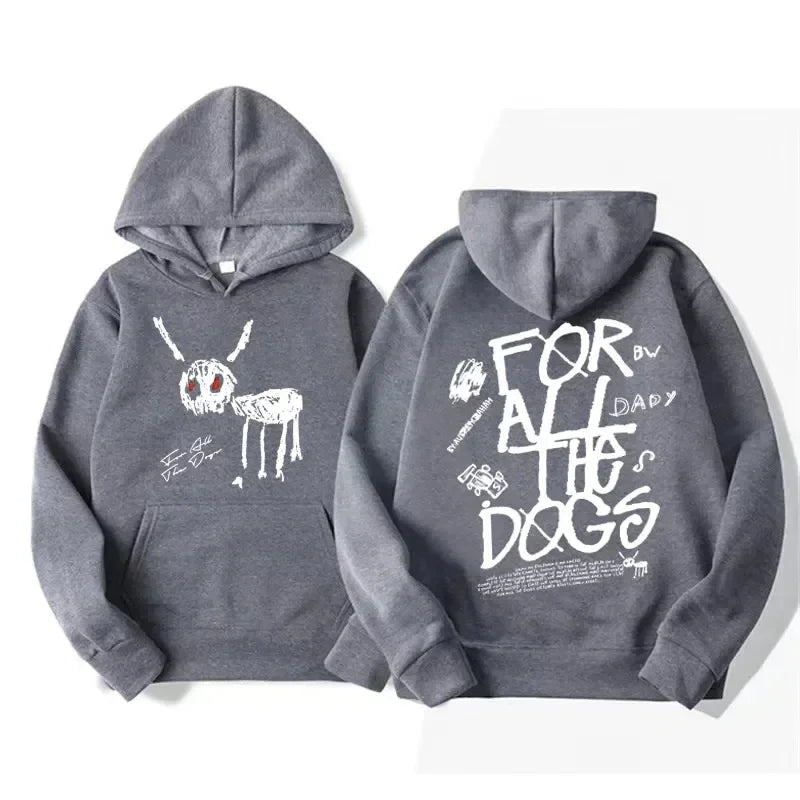 Dark gray hip hop pullover hoodie featuring a white skeleton rabbit graphic on front and for all the dogs lettering on back