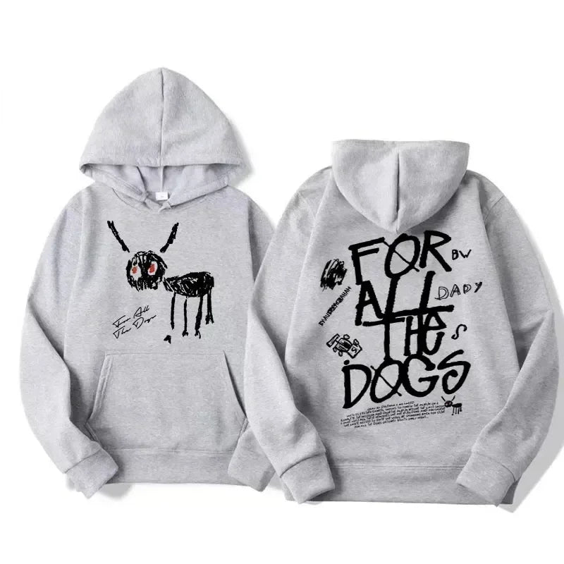 Gray hoodie featuring a black cartoon ant on the front and for all the dogs text with doodles on the back side
