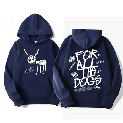 Navy blue pullover hoodie featuring a white skeleton rabbit front graphic and for all the dogs text with doodles on the back