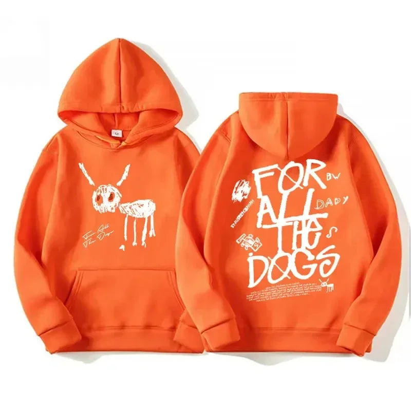 Orange hoodie with white graphic prints on front and back, vintage hip hop streetwear inspired by Drake New Album