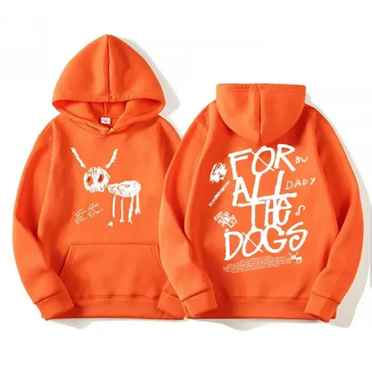 Orange hoodie with white graphic prints on front and back, vintage hip hop streetwear inspired by Drake New Album