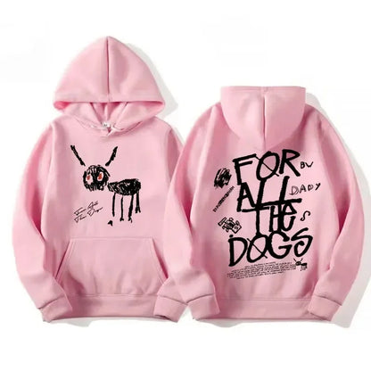 Pink hoodie featuring a black dog doodle on the front and for all the dogs text with smaller graphics on the back side
