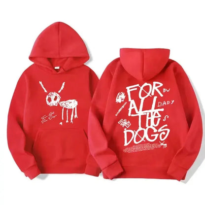 Back view of red cotton hip hop pullover sweatshirt with white skeleton deer graphic and for all the dogs text
